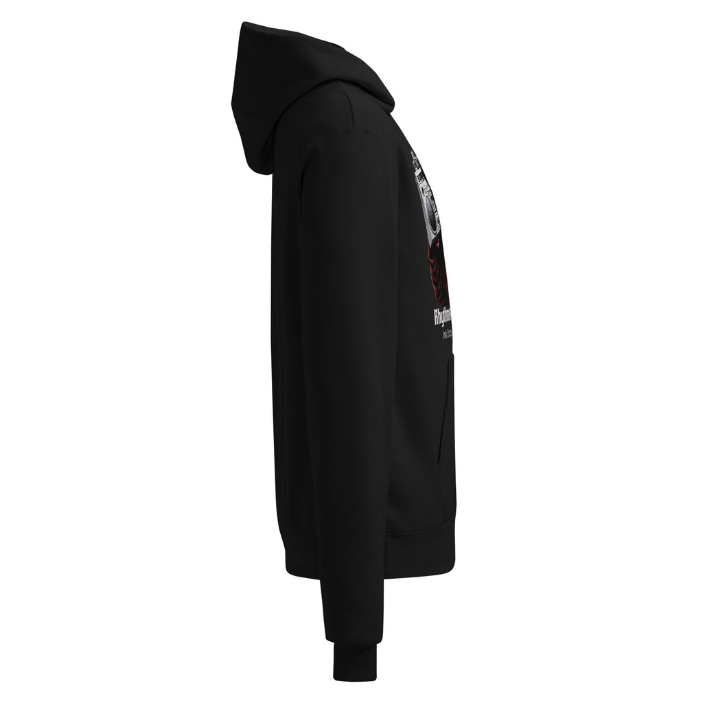 Unisex black pullover hoodie angled side view with partial front graphic detail