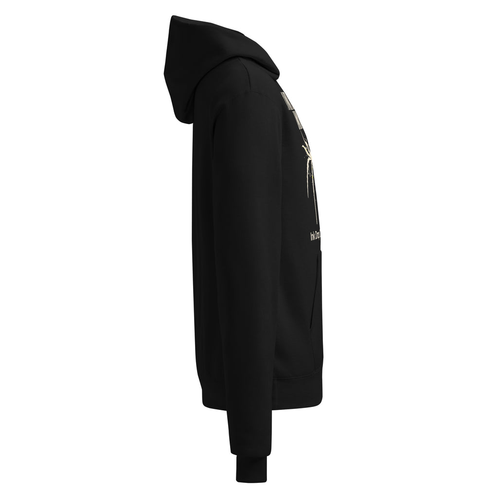 Black unisex pullover hoodie, side profile with graphic print detail on sleeve