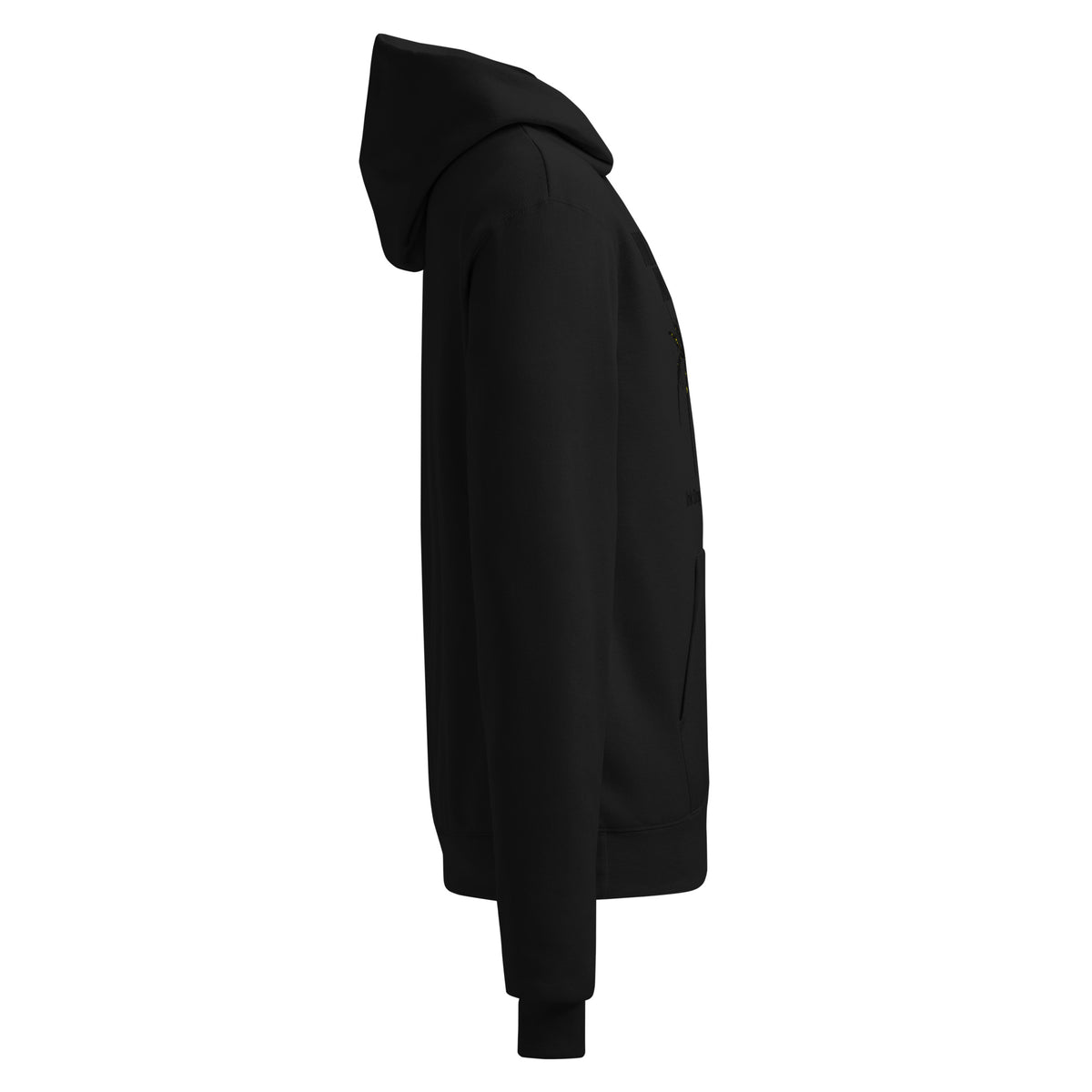 Black unisex hoodie, side profile view with hood and small logo at lower sleeve.