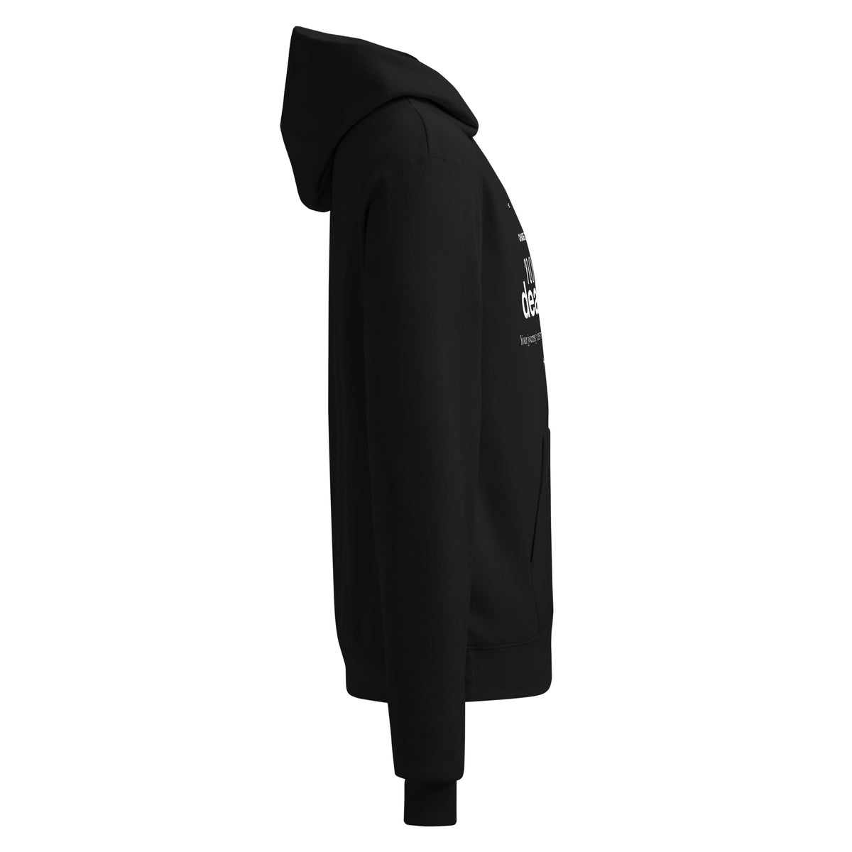 Black unisex pullover hoodie with small sleeve graphic and drawstring hood