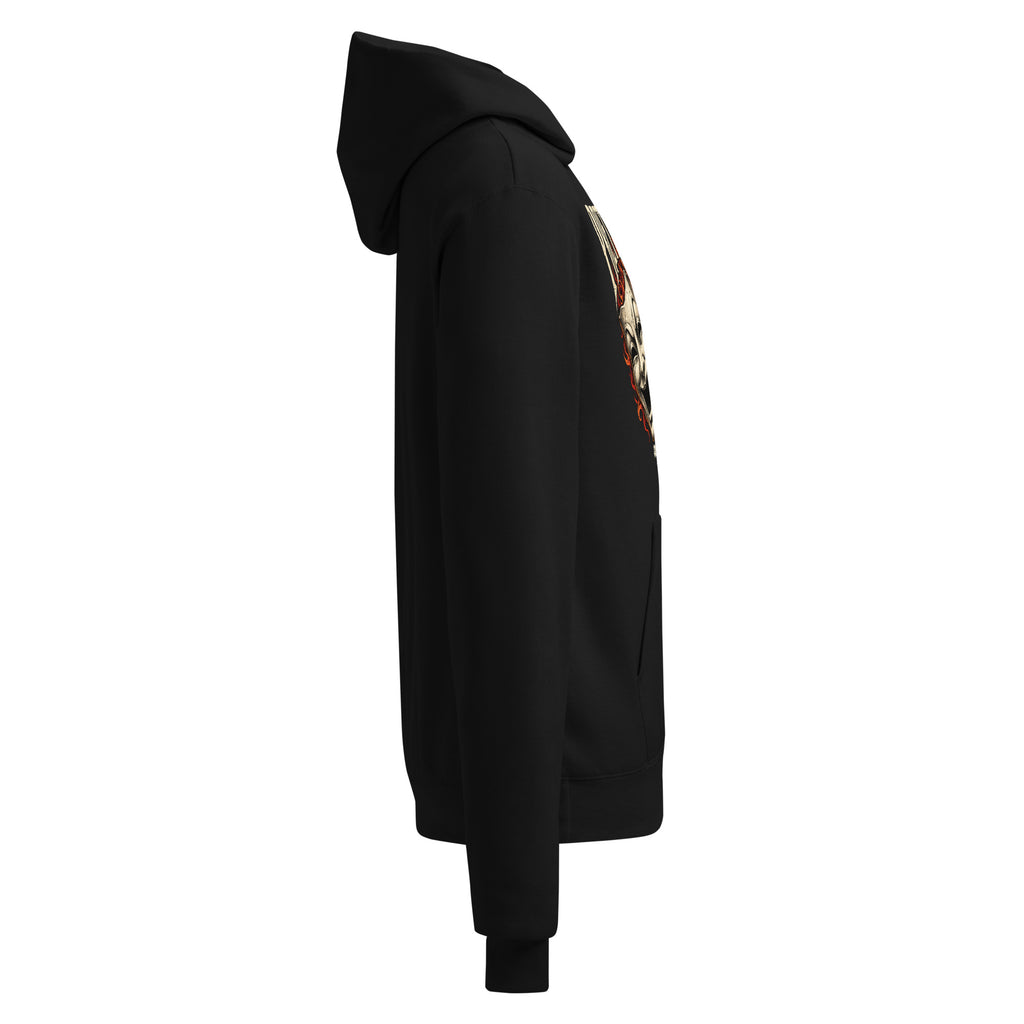 Opposite side view of a black Champion hoodie with a front theater mask graphic