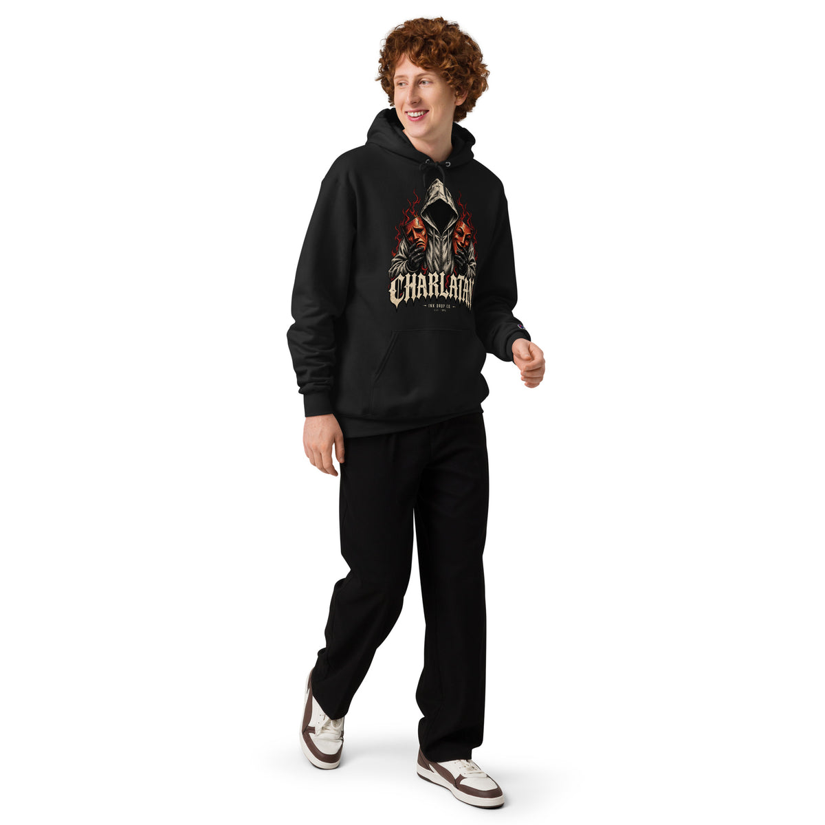 Black graphic hoodie with a front pouch pocket and gothic Charlatan artwork