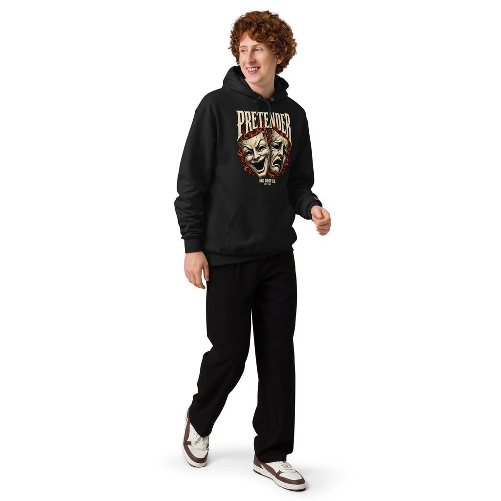 Black men's hoodie with theater mask graphic, drawstring hood, and front pouch pocket