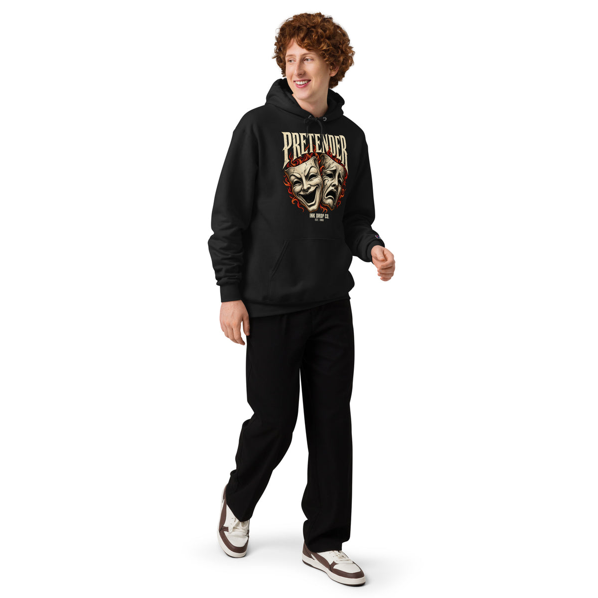 Black theater mask graphic hoodie shown full length, with ribbed cuffs and hem
