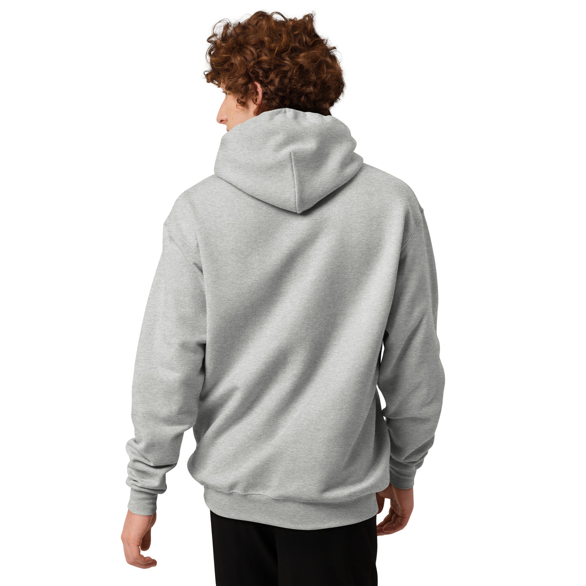 Back of a light gray hoodie with a plain hood and no visible graphics