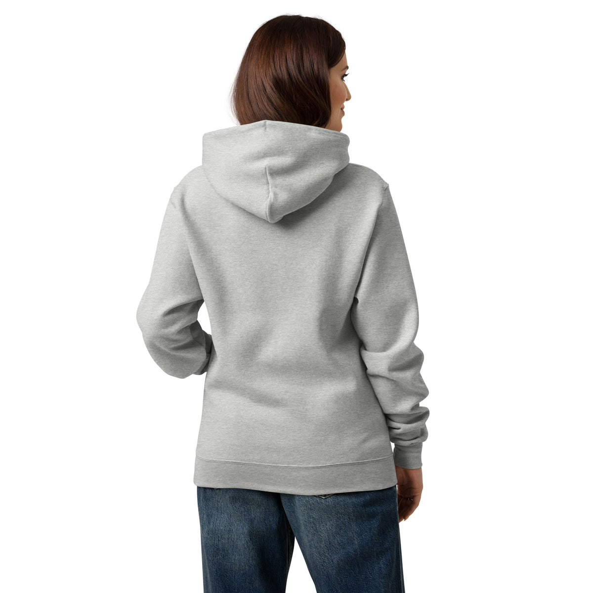 Back view of light gray women's Champion hoodie with a plain back and drawstring hood