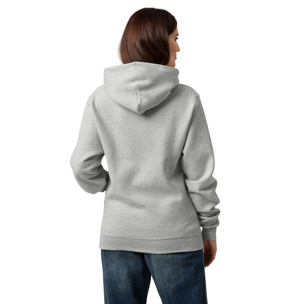 Back view of light gray hoodie with plain fabric and drawstring hood