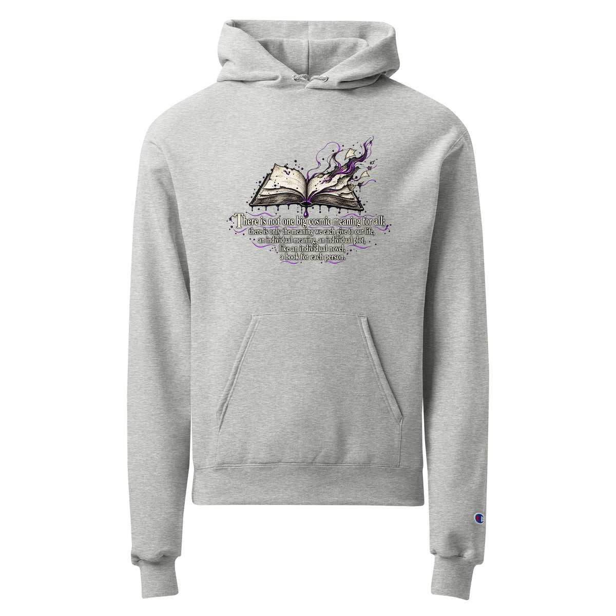 Unisex light steel pullover hoodie with hood, kangaroo pocket, and multicolor story graphic