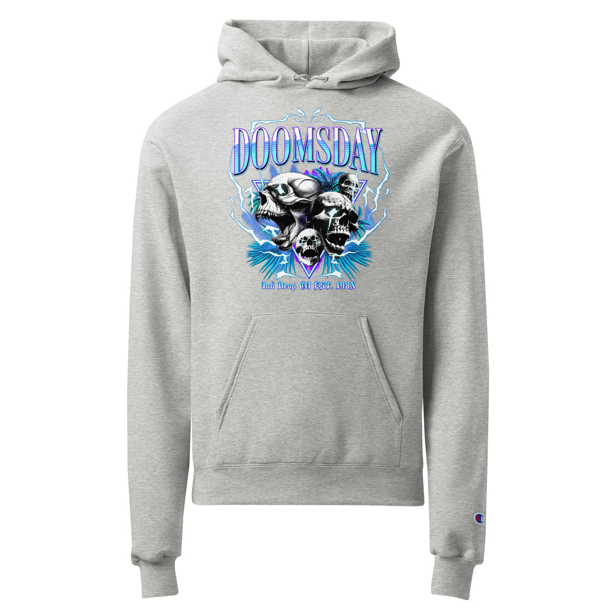 Light steel unisex graphic champion hoodie with blue DOOMSDAY skull artwork on chest