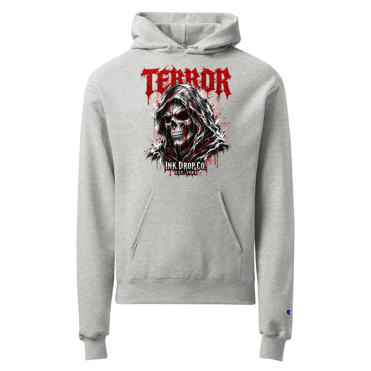 Light steel unisex hoodie with front skull graphic and red "TERROR" text