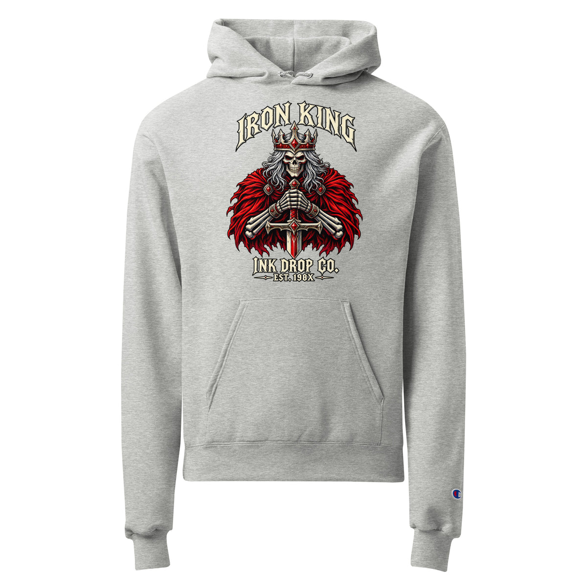 Unisex light steel graphic hoodie with front Iron King skull-and-wings print