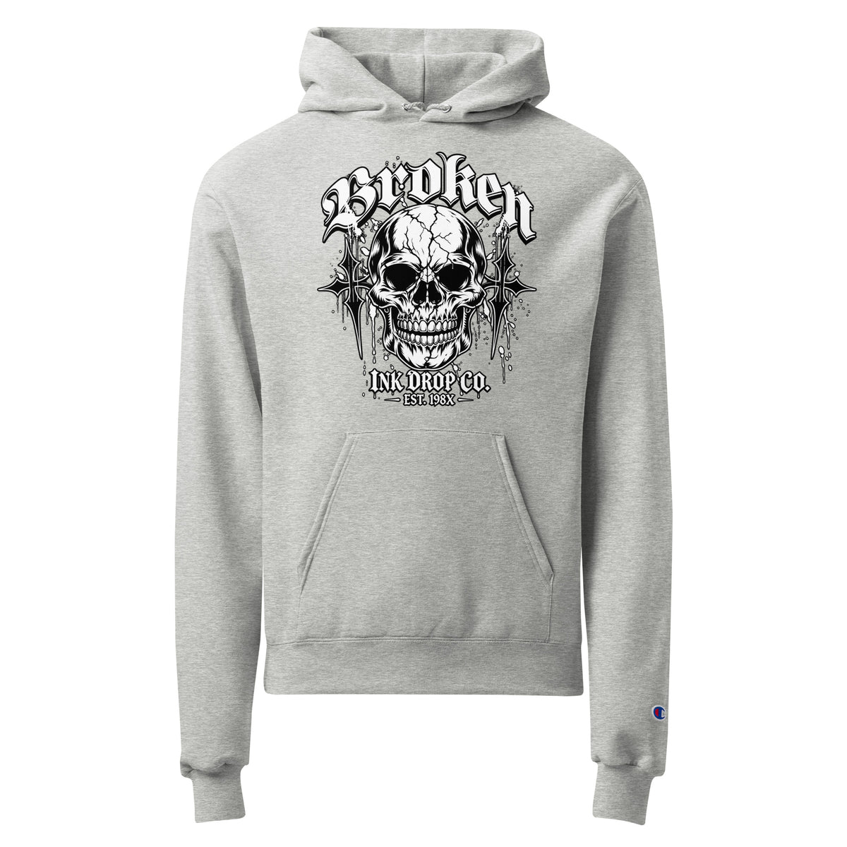 Light steel unisex pullover hoodie with front skull graphic and drawstring hood