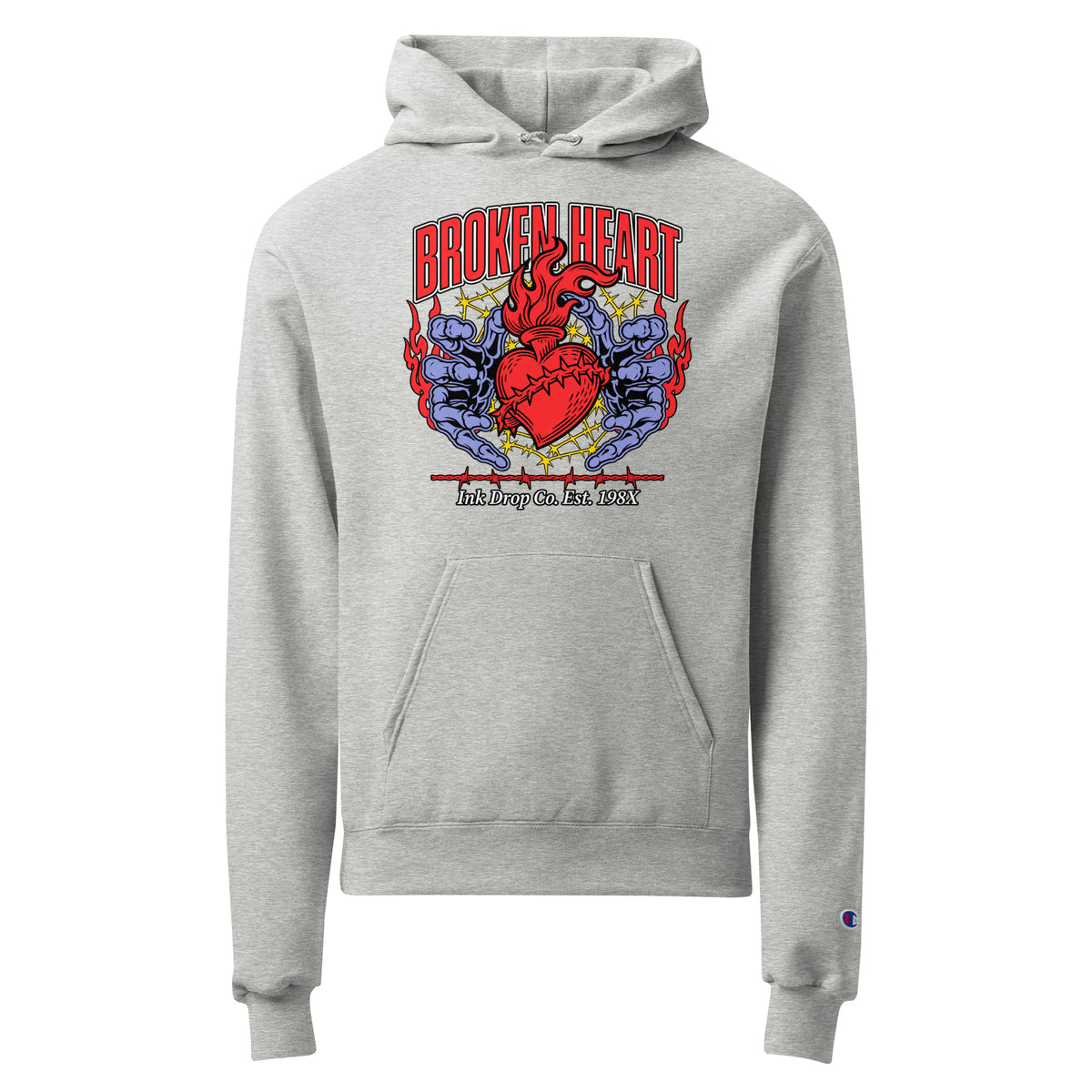 Champion light steel unisex hoodie with Broken Heart graphic on front and kangaroo pocket