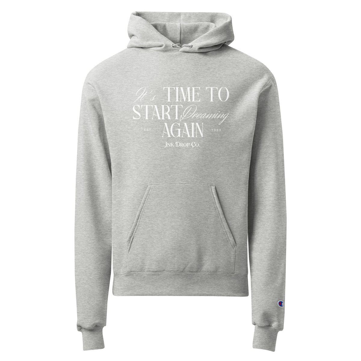 Unisex light steel graphic hoodie with hood, drawstrings, kangaroo pocket, and chest text