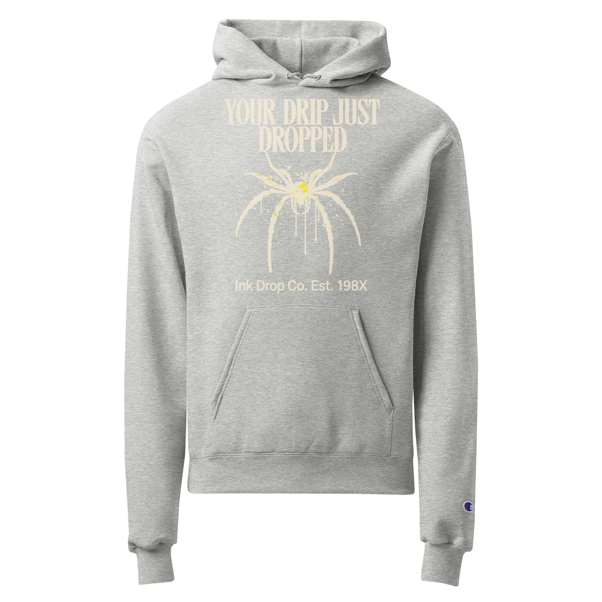Light gray unisex pullover hoodie with front graphic text and ink drip illustration, pocket