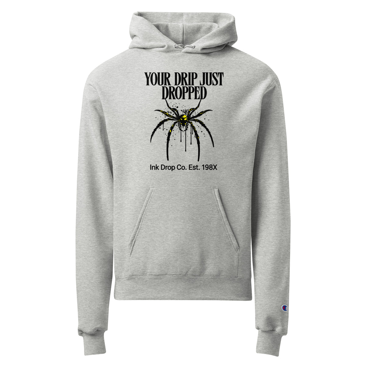Light steel unisex graphic hoodie, front print with “YOUR DRIP JUST DROPPED” and spider.