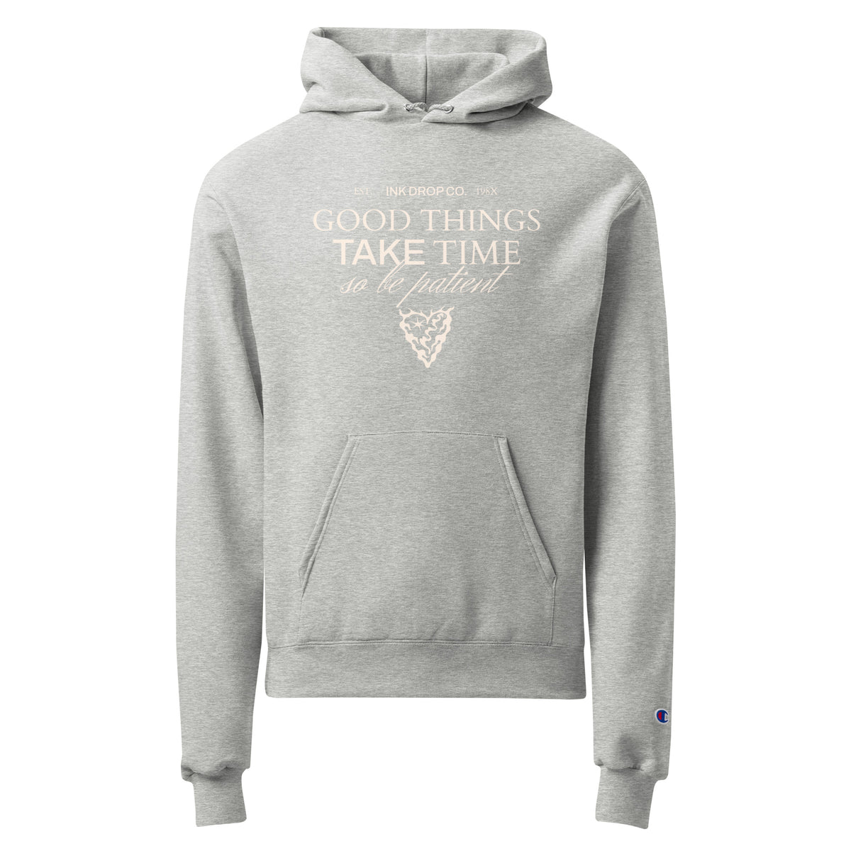 Light steel unisex pullover hoodie with "Good Things Take Time" chest graphic and pouch
