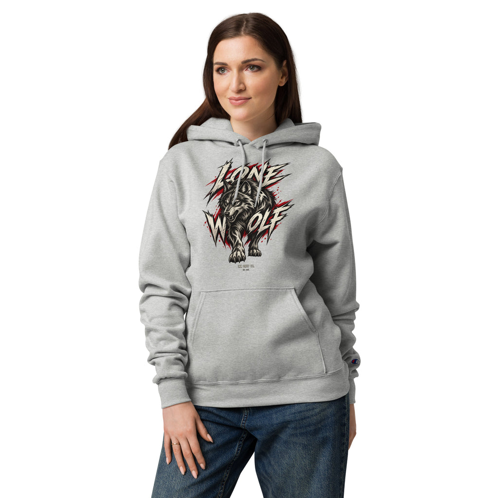 Light gray women's hoodie with a wolf graphic, kangaroo pocket, and Champion sleeve logo