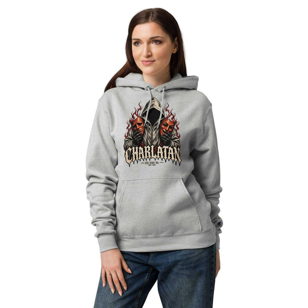 Light gray women's Gothic graphic Champion hoodie with front pouch pocket