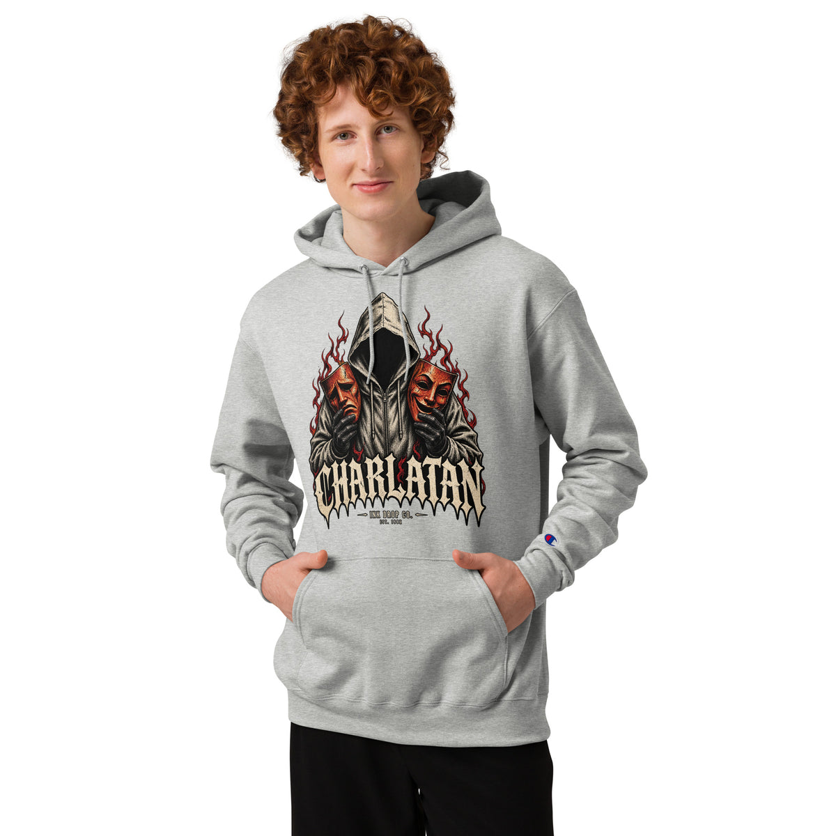 Light gray Champion hoodie with large gothic graphic and kangaroo pocket