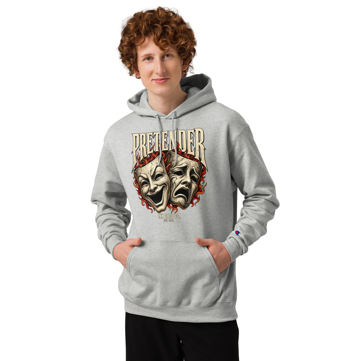 Light gray men's hoodie with theater mask graphic, drawstring hood, and front pouch pocket