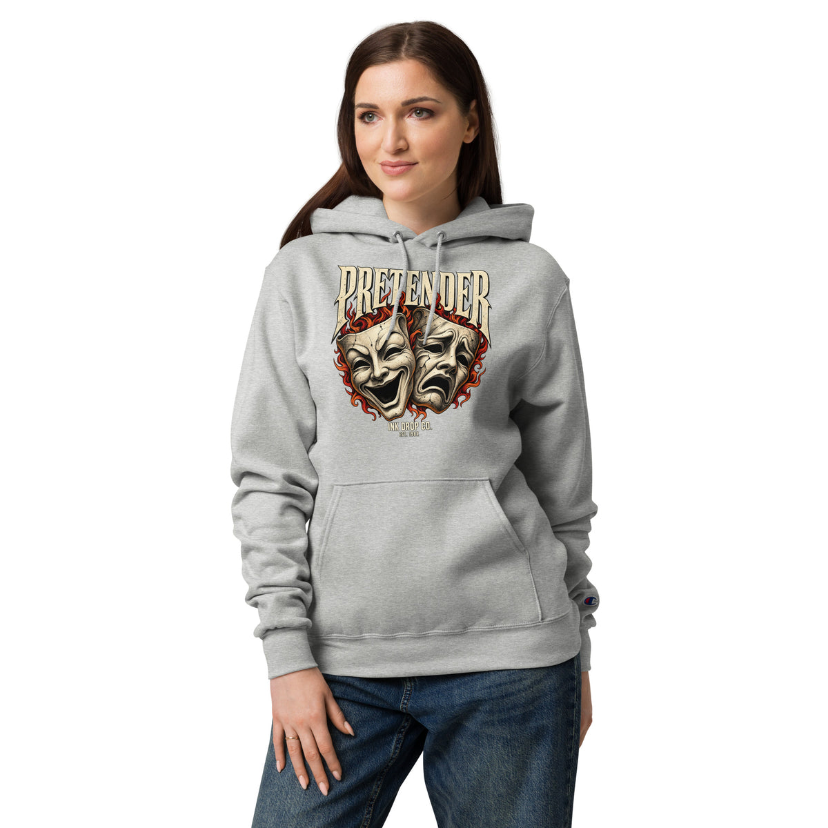 Light steel hoodie with theater mask graphic and front pouch pocket