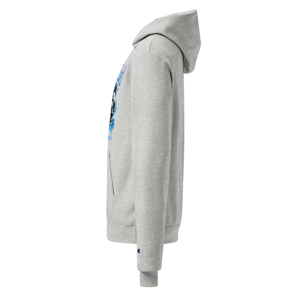 Light steel unisex champion hoodie with partial blue DOOMSDAY graphic on the side