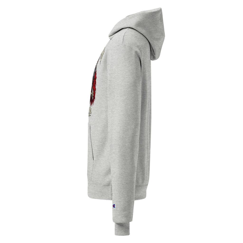 Unisex light steel hoodie side view with partial chest graphic