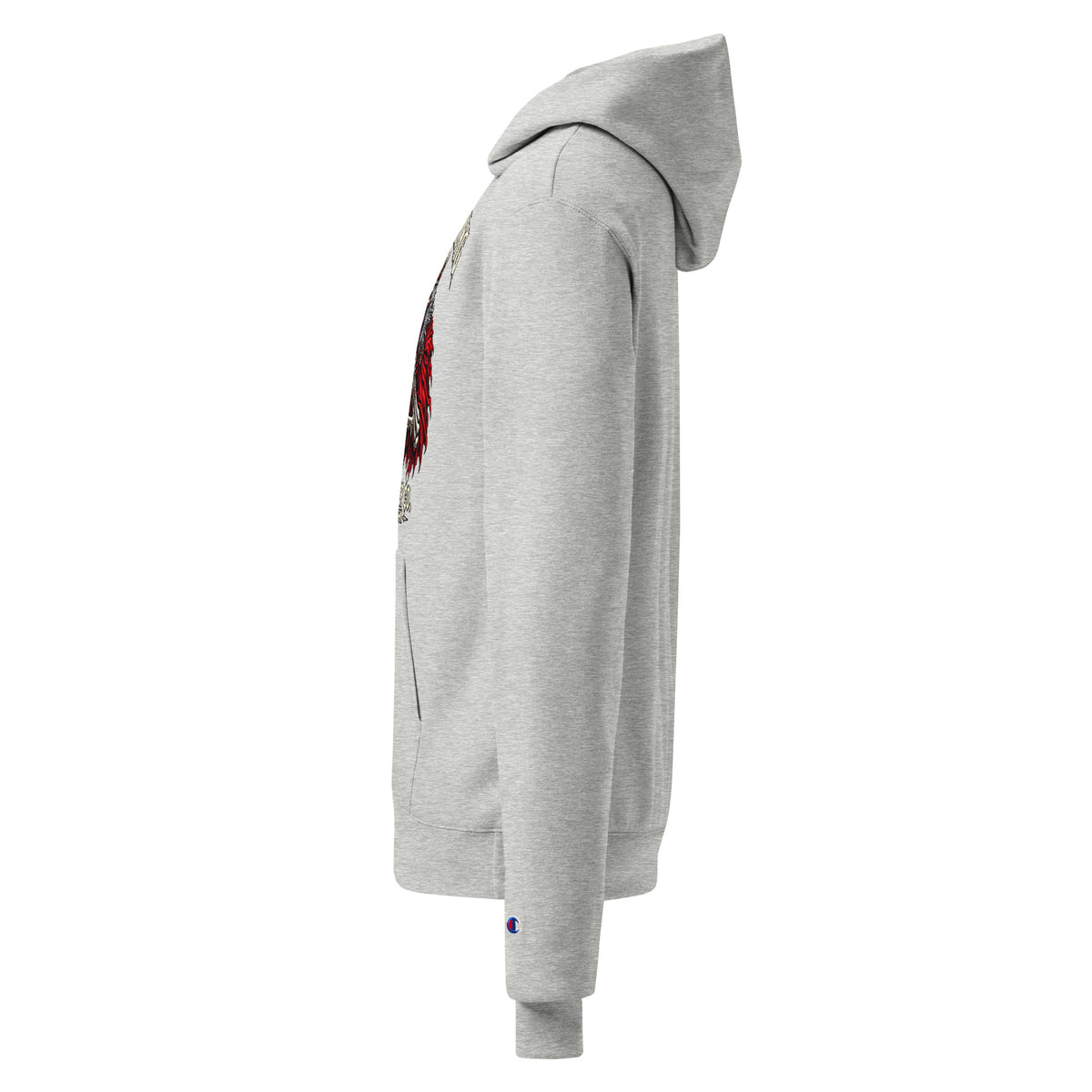 Unisex light steel hoodie side view with partial chest graphic