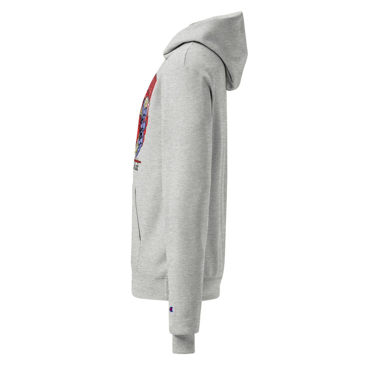Champion light steel unisex hoodie side view with Broken Heart graphic on sleeve