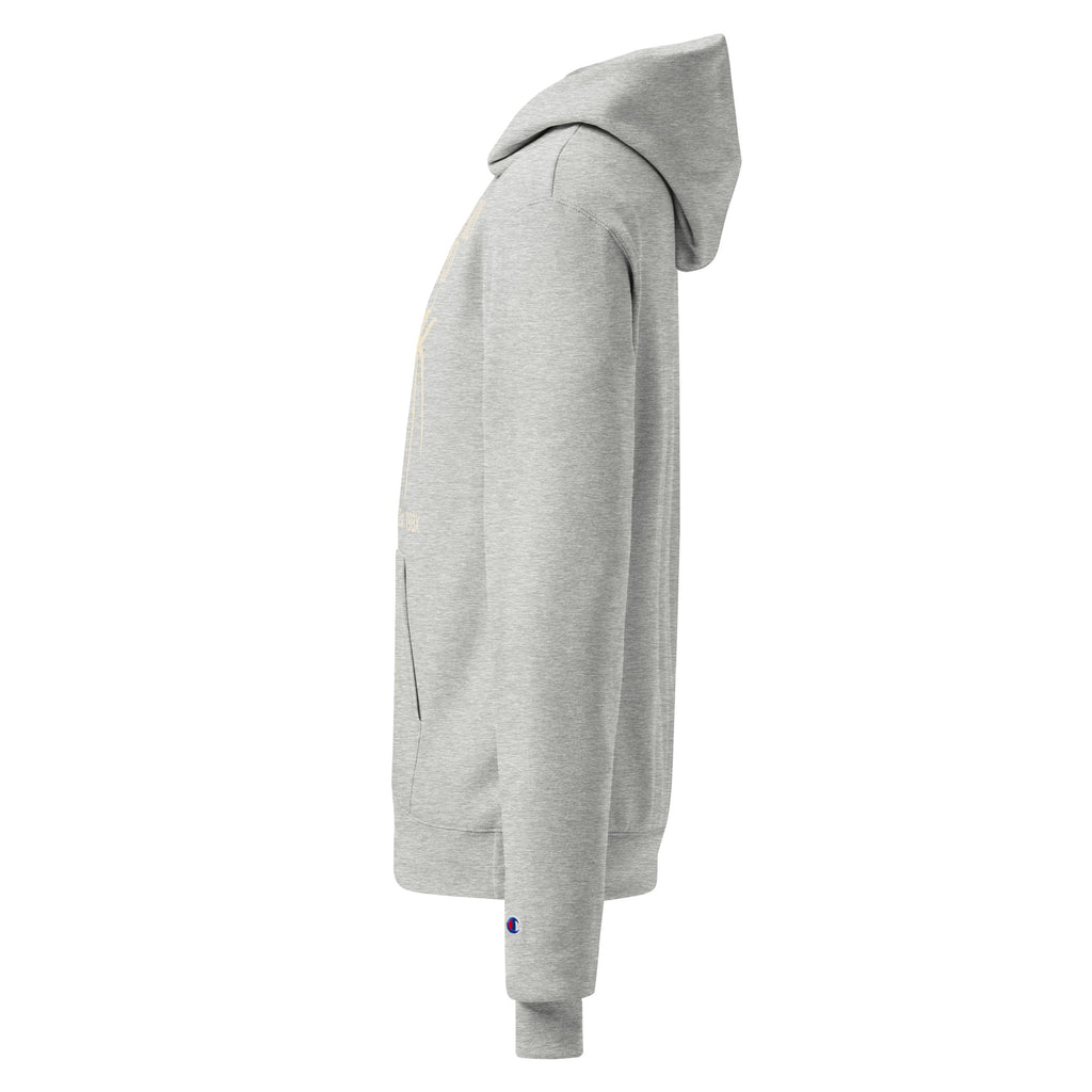 Light gray unisex pullover hoodie, side view with small graphic print detail