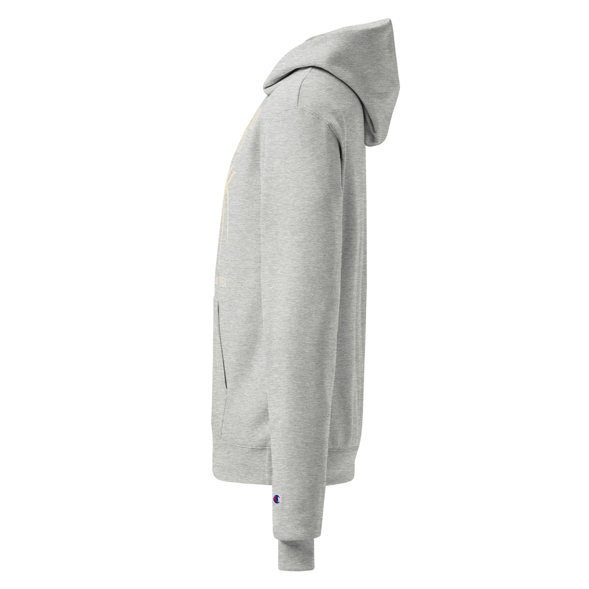 Light gray unisex pullover hoodie, side view with small graphic print detail