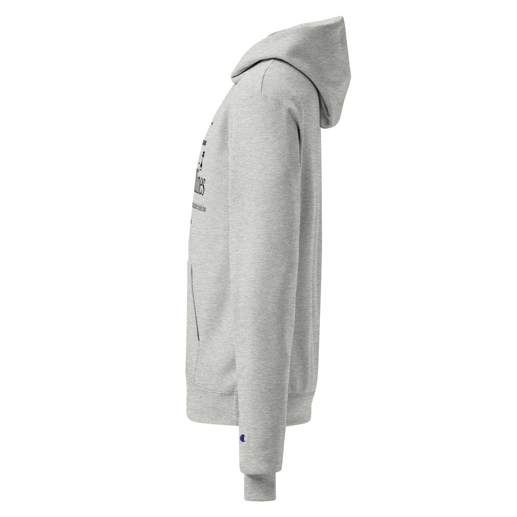Gray Champion hoodie side view with sleeve 'not deadlines' graphic and hood