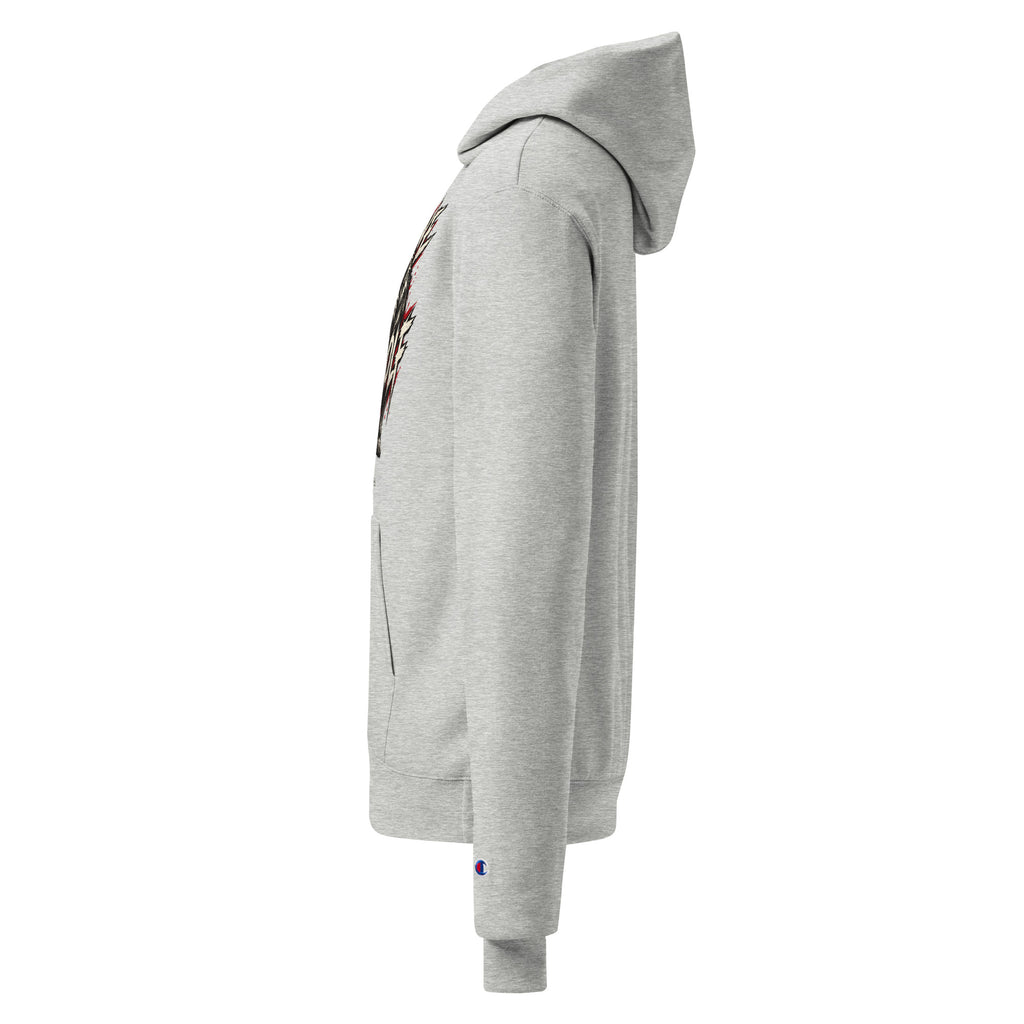 Side view of a light steel Champion hoodie with a hood and ribbed cuffs