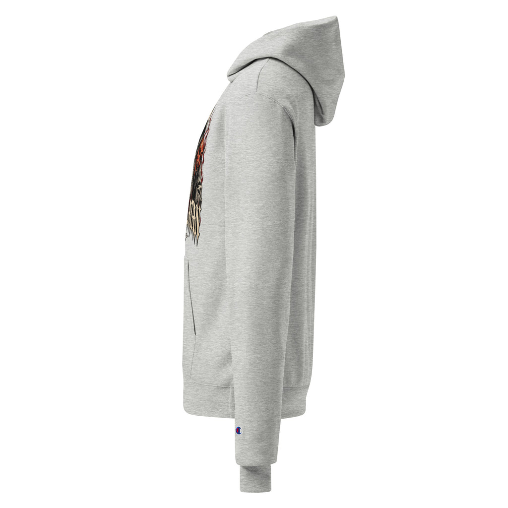 Side view of a light gray Champion hoodie with long sleeves and a hood