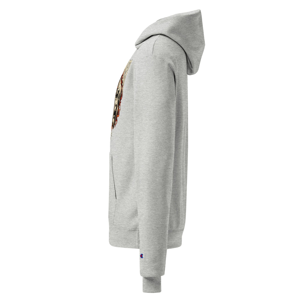 Light gray Champion hoodie shown from the side, with a small sleeve logo