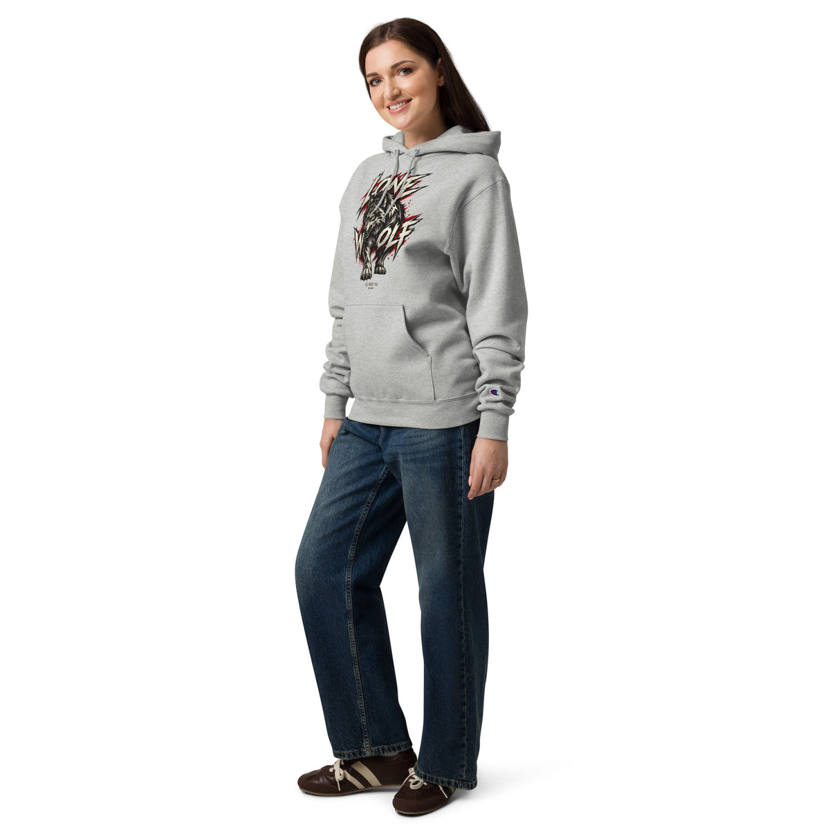 Side view of a light gray women's wolf graphic hoodie with a kangaroo pocket