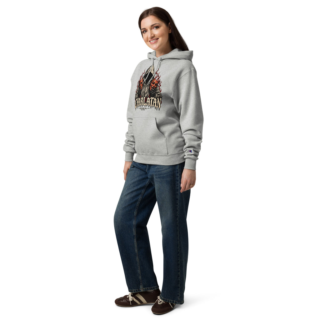 Light gray women's Champion hoodie with Gothic front graphic, pouch pocket, and drawstring hood