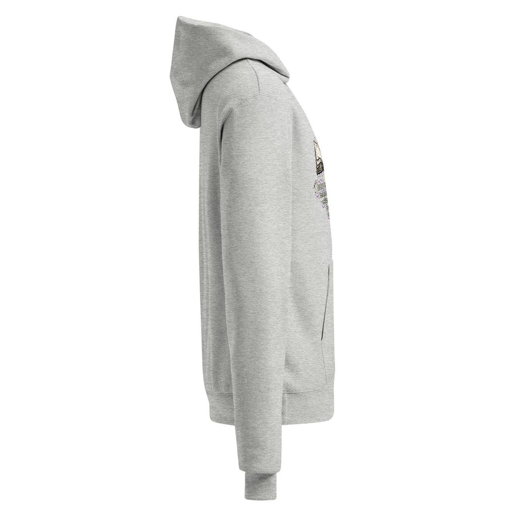 Unisex light steel pullover hoodie angled side view with hood and sleeve graphic