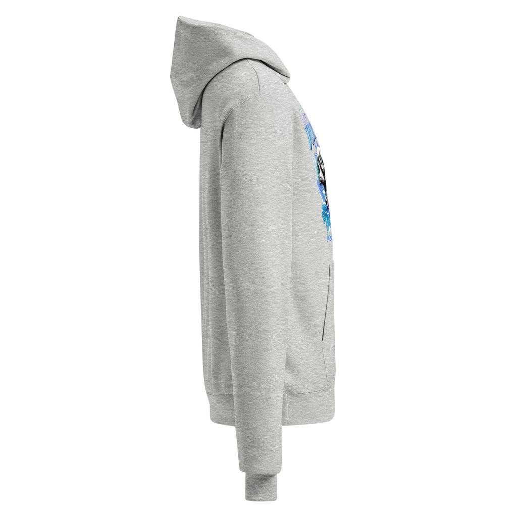 Light steel unisex champion hoodie side view featuring blue DOOMSDAY graphic panel