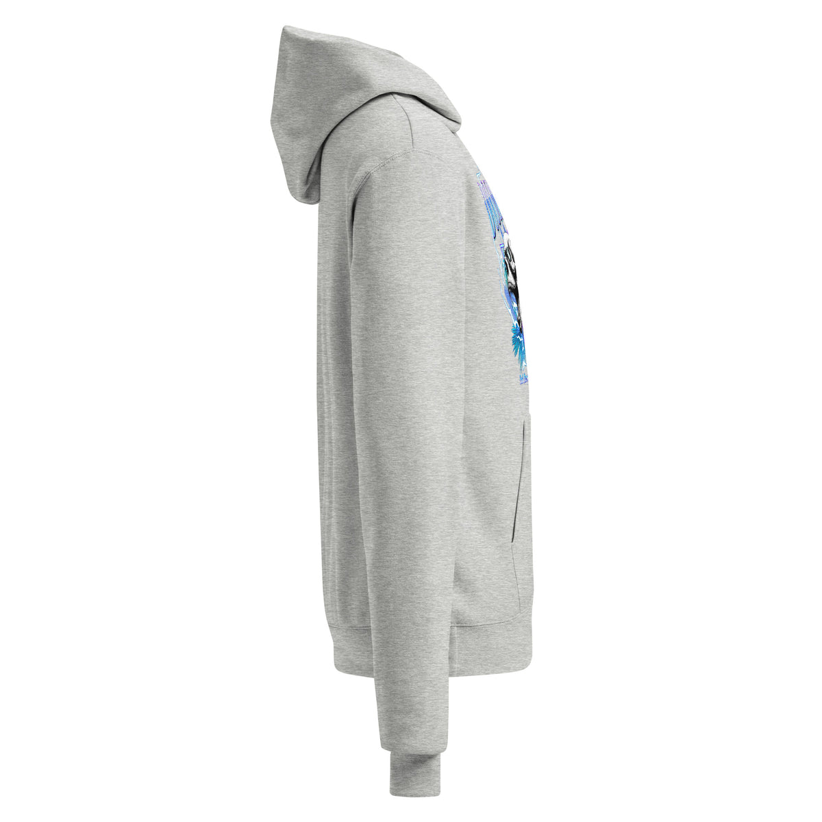 Light steel unisex champion hoodie side view featuring blue DOOMSDAY graphic panel