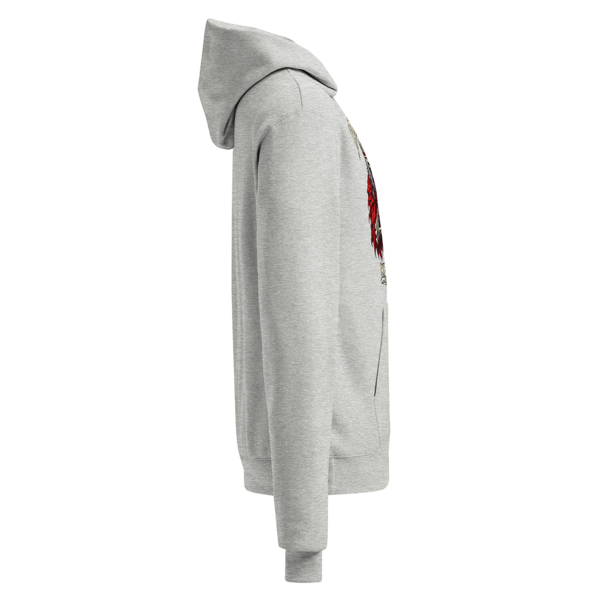 Unisex light steel hoodie side view with hood and printed chest graphic edge