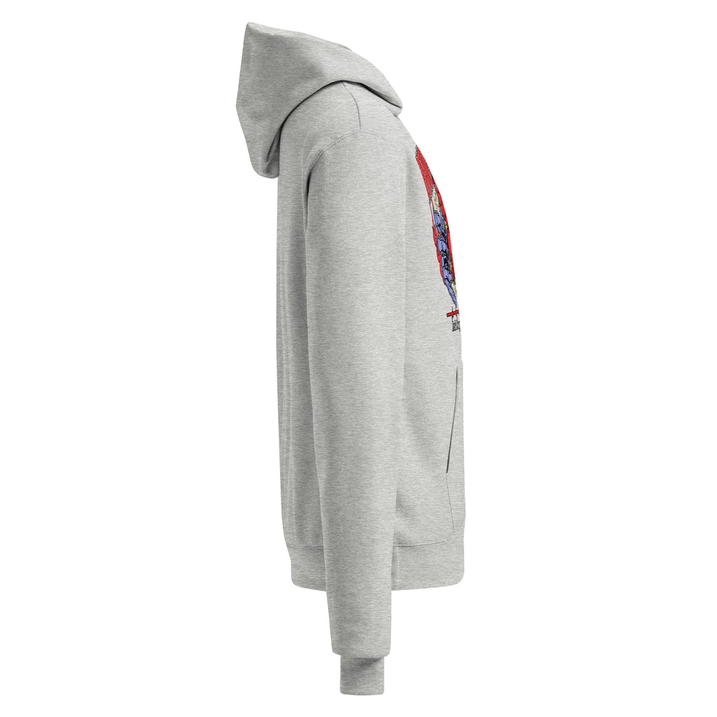 Champion light steel unisex hoodie side view with Broken Heart graphic near cuff