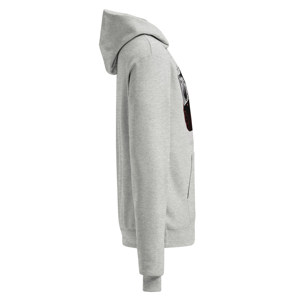 Unisex light steel pullover hoodie angled side view with partial front graphic detail
