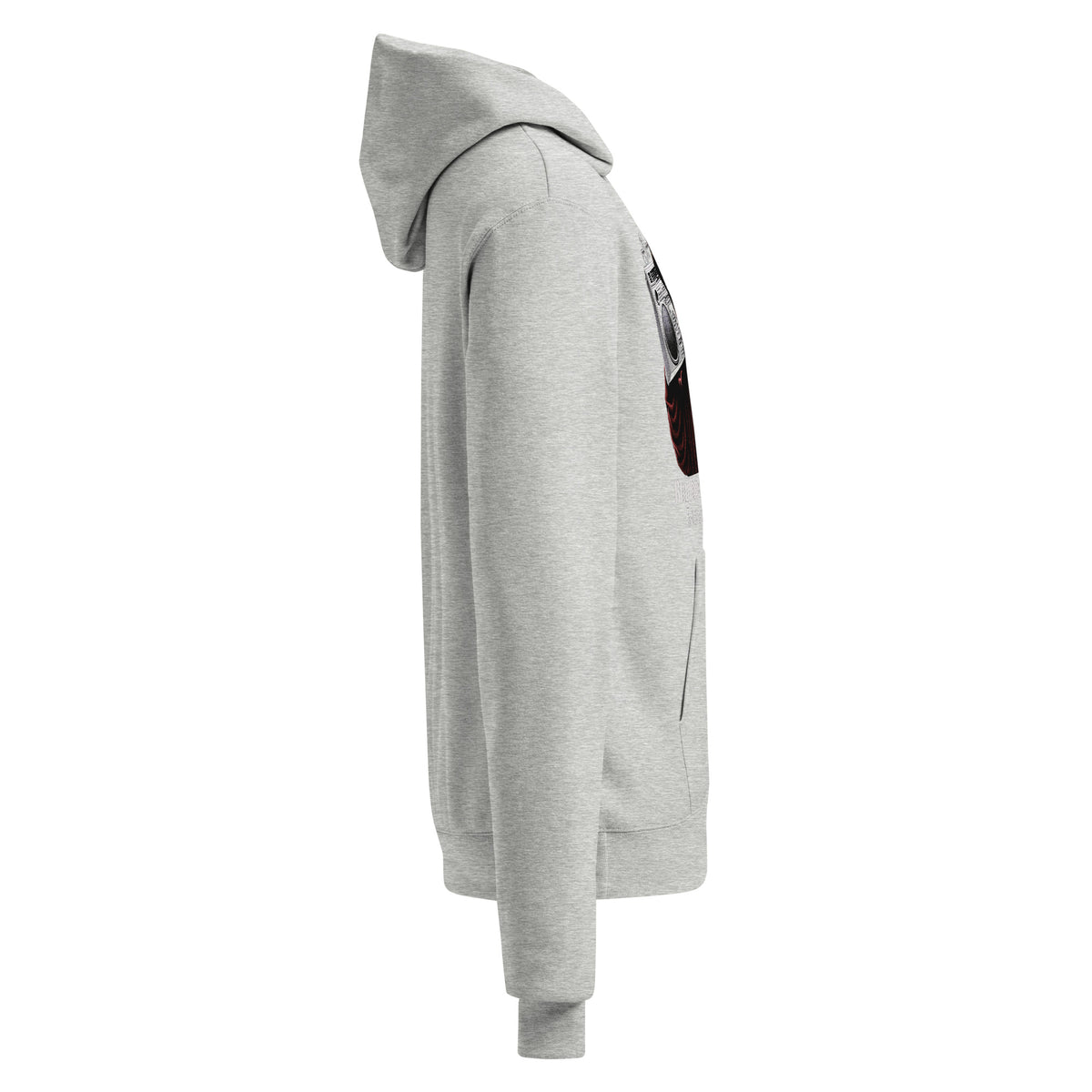 Unisex light steel pullover hoodie angled side view with partial front graphic detail