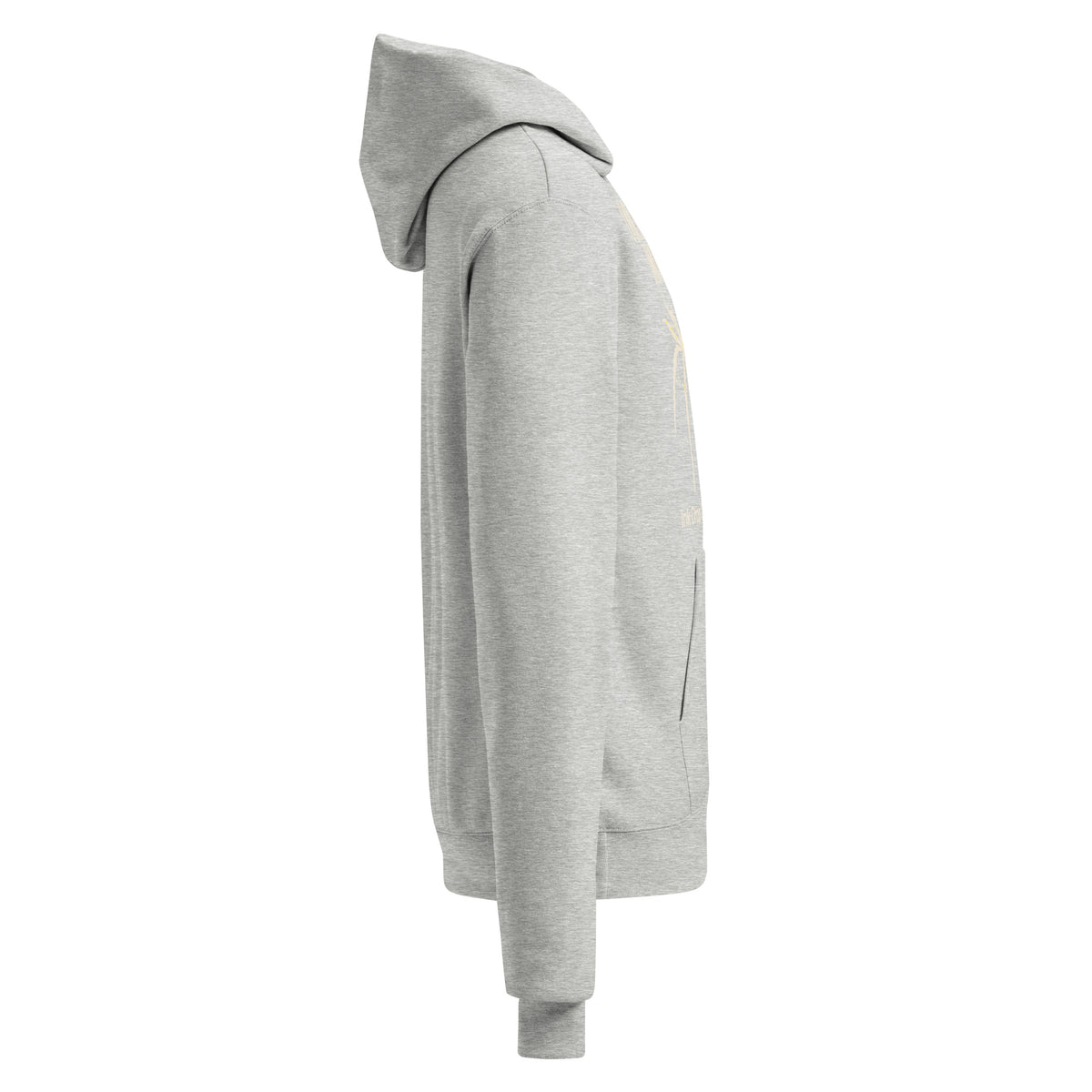 Light gray unisex pullover hoodie, side profile with small graphic print detail