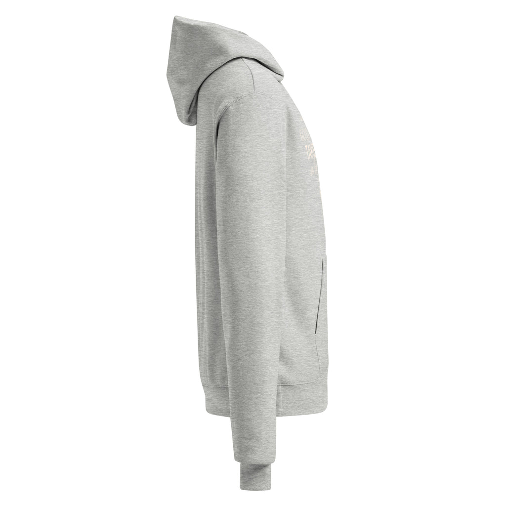 Light steel unisex pullover hoodie, side view with ribbed cuffs and kangaroo pocket