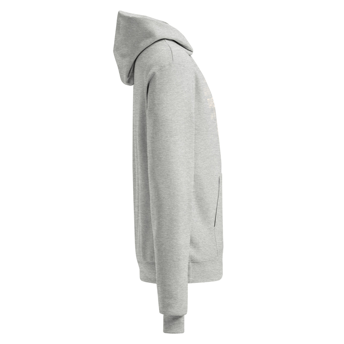Light steel unisex pullover hoodie, side view with ribbed cuffs and kangaroo pocket
