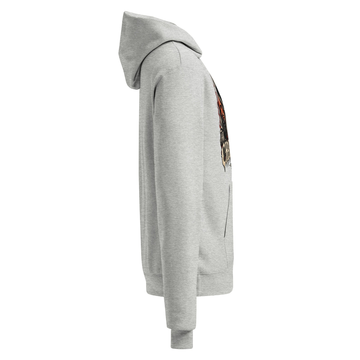 Opposite side view of a light gray Champion hoodie
