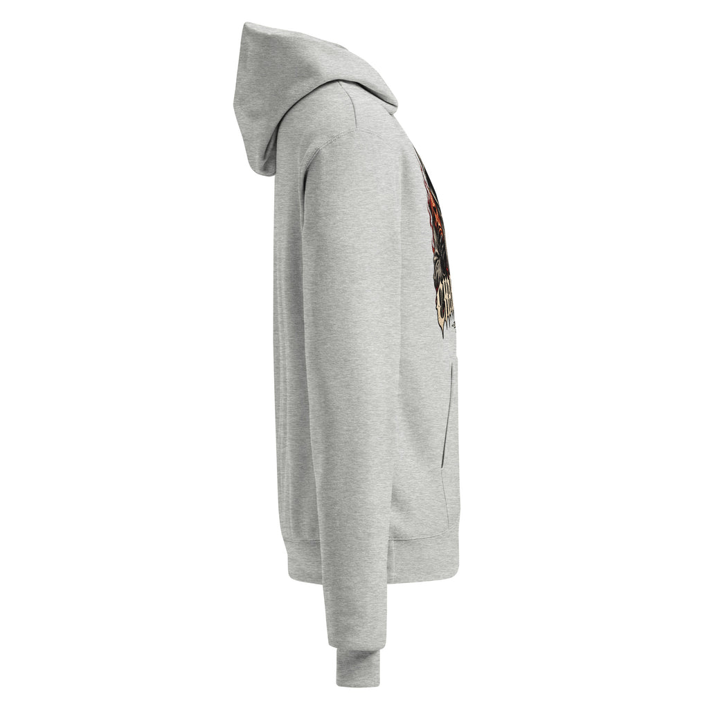 Light steel graphic hoodie shown from the opposite side with hood and long sleeve